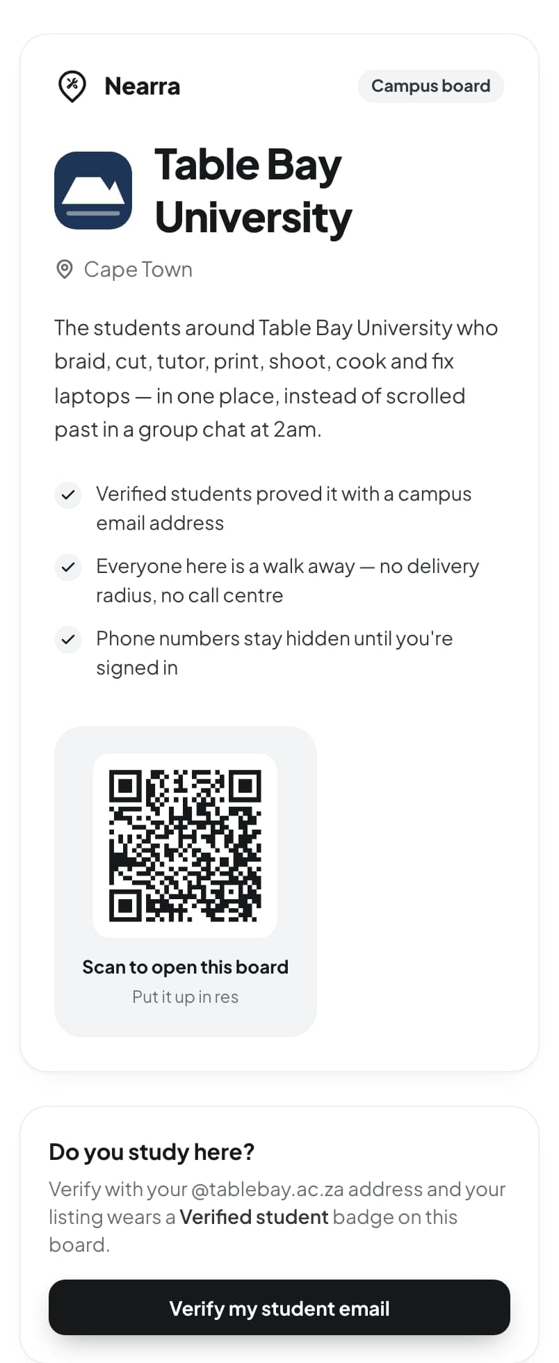 The campus board in the Nearra app: the university's name, a QR code for res, and a Verify my student email button