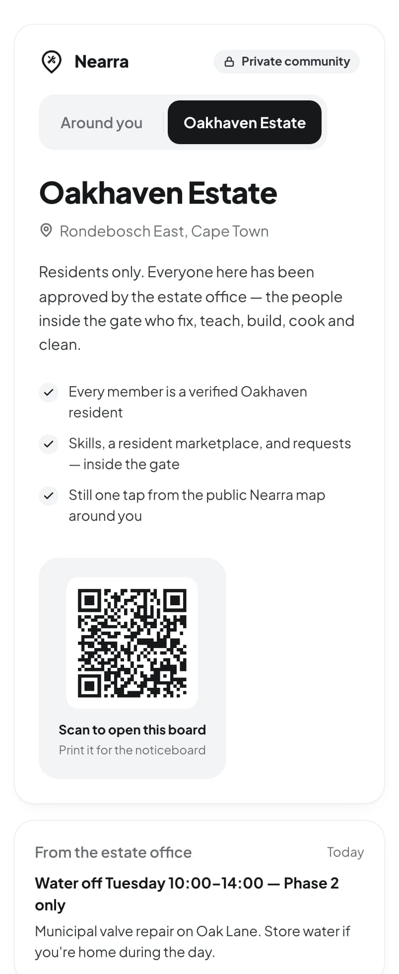 The estate's private community in the Nearra app: a switch between Around you and the estate, a Private community badge, and a notice from the estate office